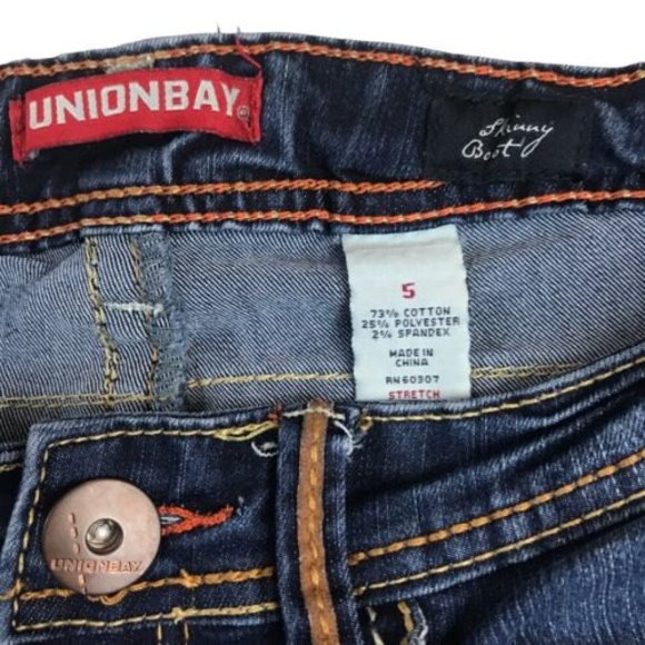 UNIONBAY Skinny Boot Distressed Boho Jean 30x31 Blue Low Rise Embroidered Size 5 - Picture 11 of 12